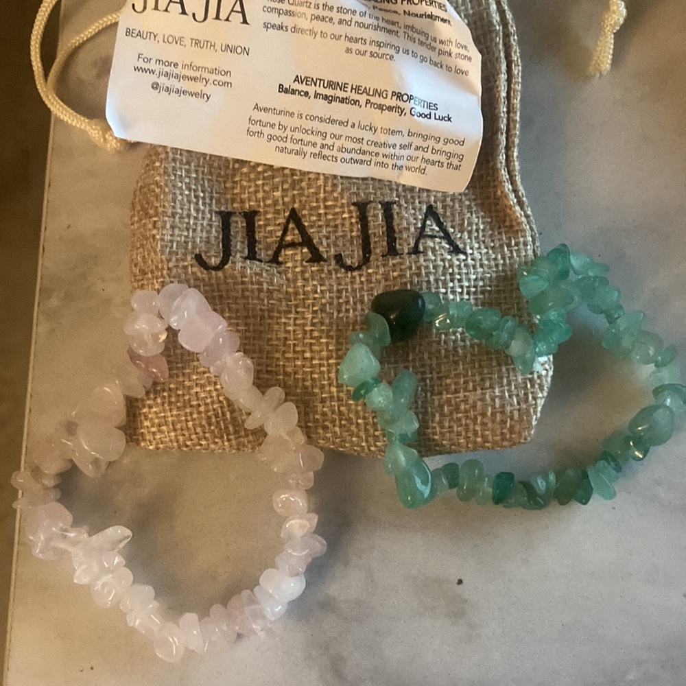 BRAND NEW JIA JIA Set of 2Crystal Bracelets Rose Quartz&Aventurine Pink Green